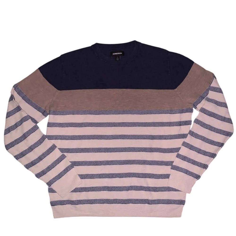 Nordstrom Sweater Mens Large Blue Tan Stripe Cotton Linen Crewneck Coastal Prep